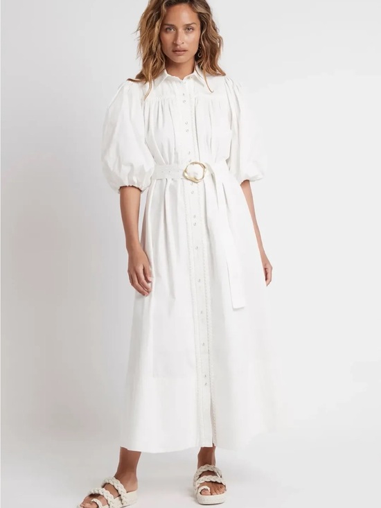 Aje Dresses & Skirts - AJE Casablanca White Button-Front Puff Sleeve Midi Dress with Belt